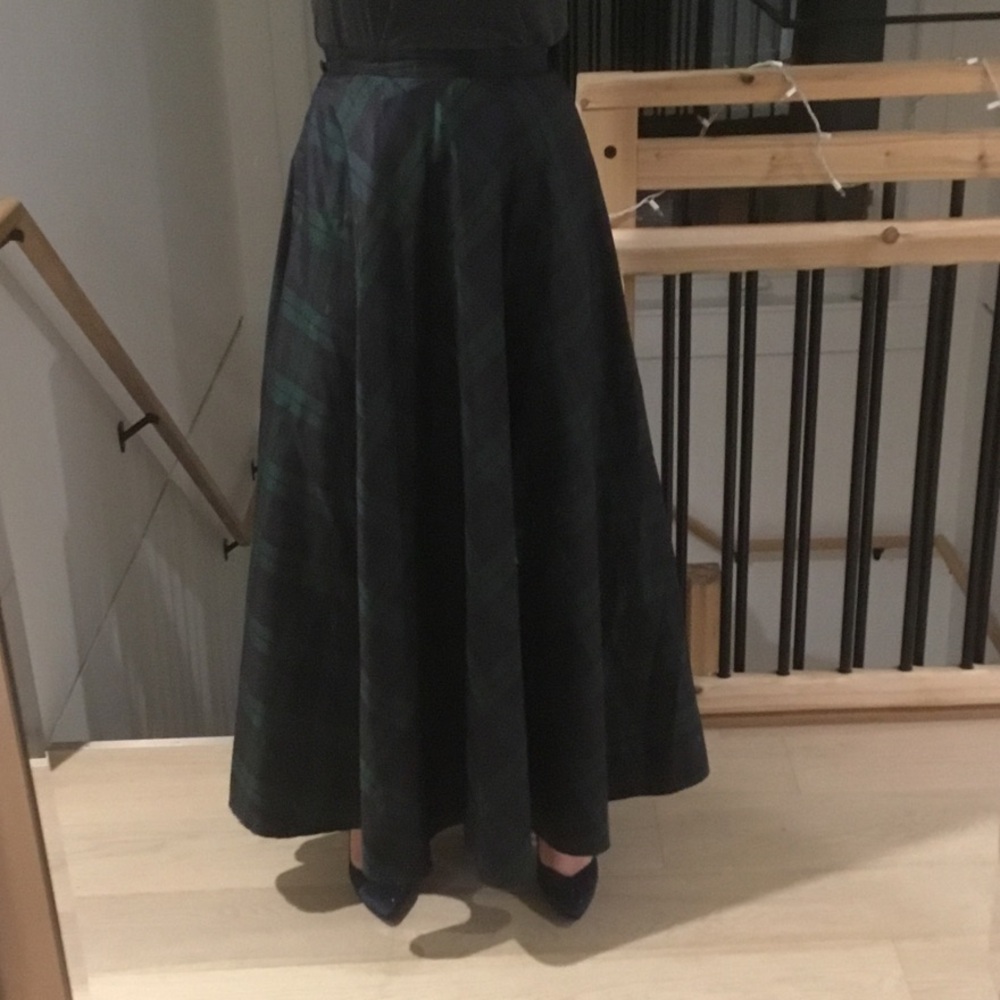 Elegant Dark Green and Blue Silk Plaid Maxi Skirt